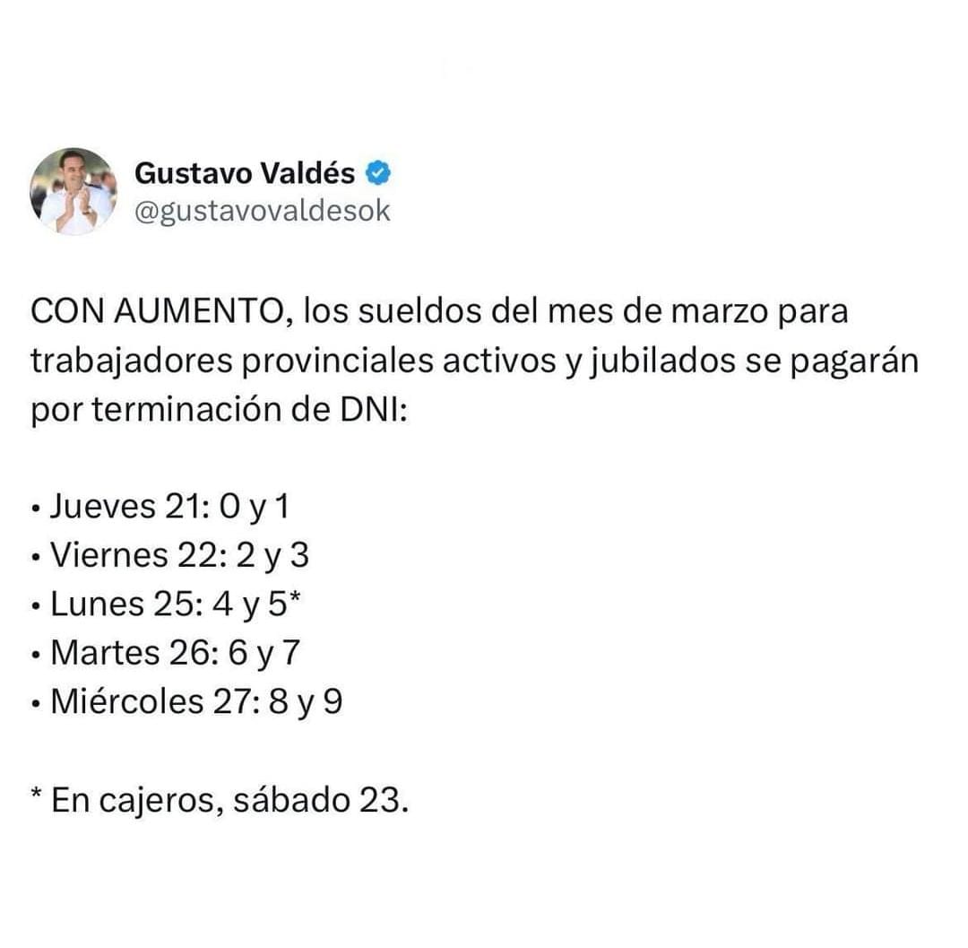 Valdés anunció el pago de sueldos de marzo con aumentos