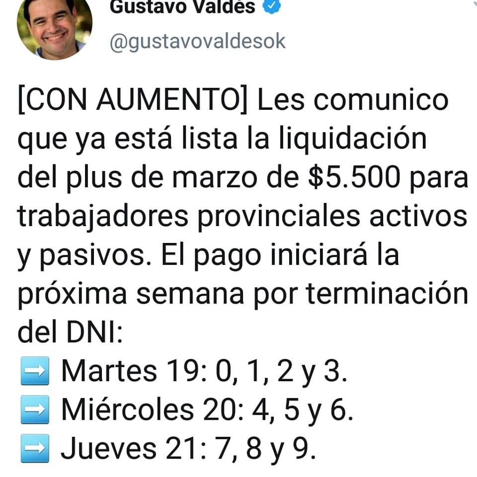 El martes 19 comienza el pago del plus de $5500 a estatales provinciales