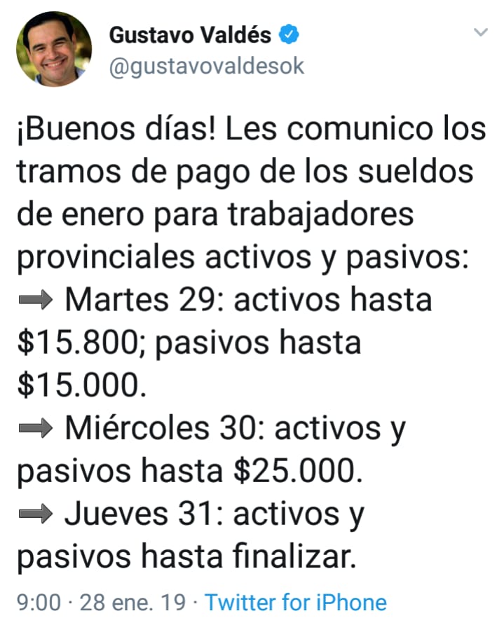 Provincia define montos y  paga de sueldos de Enero