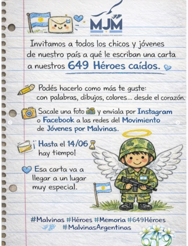 Convocan a jóvenes a escribir cartas para los caídos en Malvinas