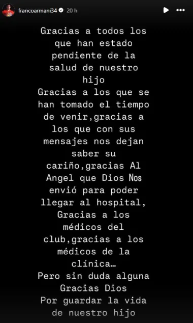 Armani sobre la salud de su hijo: "Gracias al Ángel que Dios nos envió"