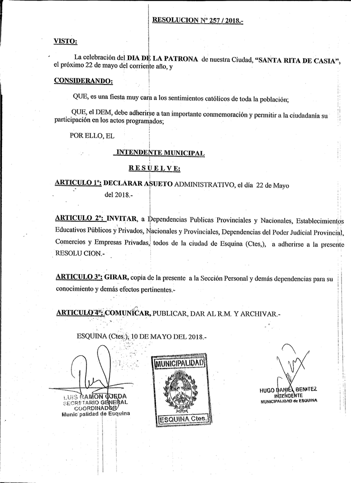 El Día de Santa Rita habrá Asueto Administrativo en Esquina