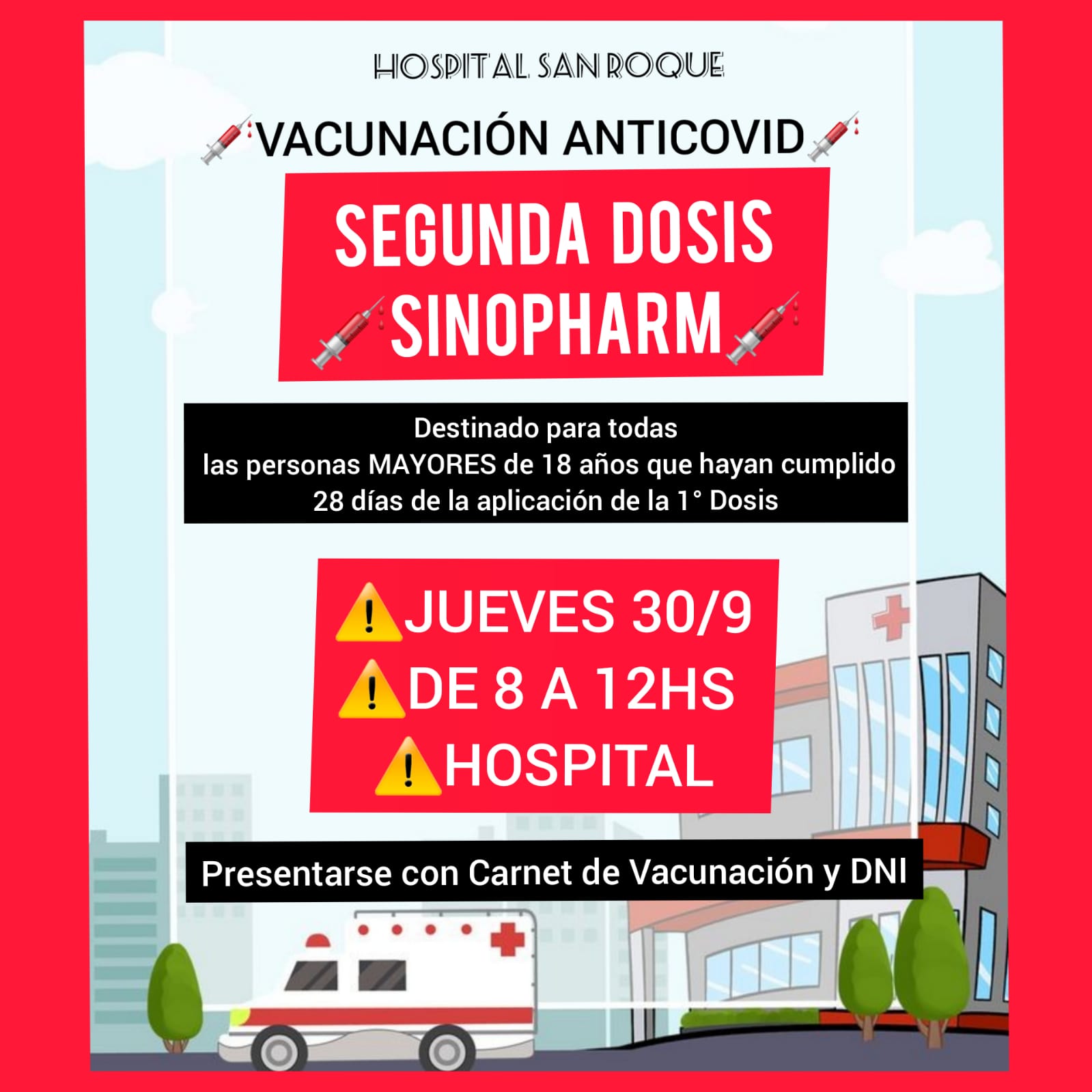 Esquina: este jueves se aplicará la segunda dosis de Sinopharm